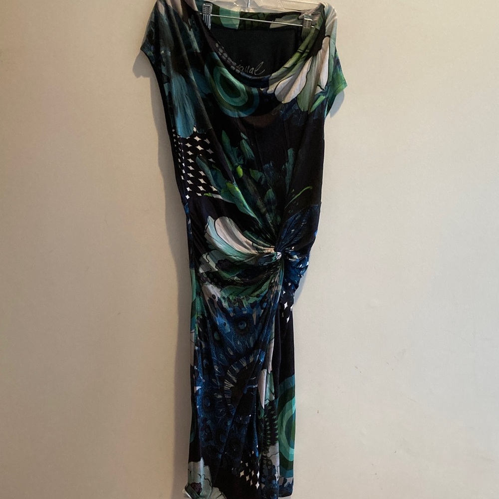 Knot-Detail Blue & Green Midi Dress